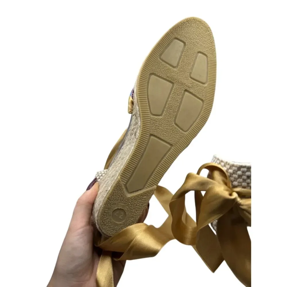 Sevillas Women Multicolored Ribbon Wedge Espadrille Sandals Gold Ties Size 42